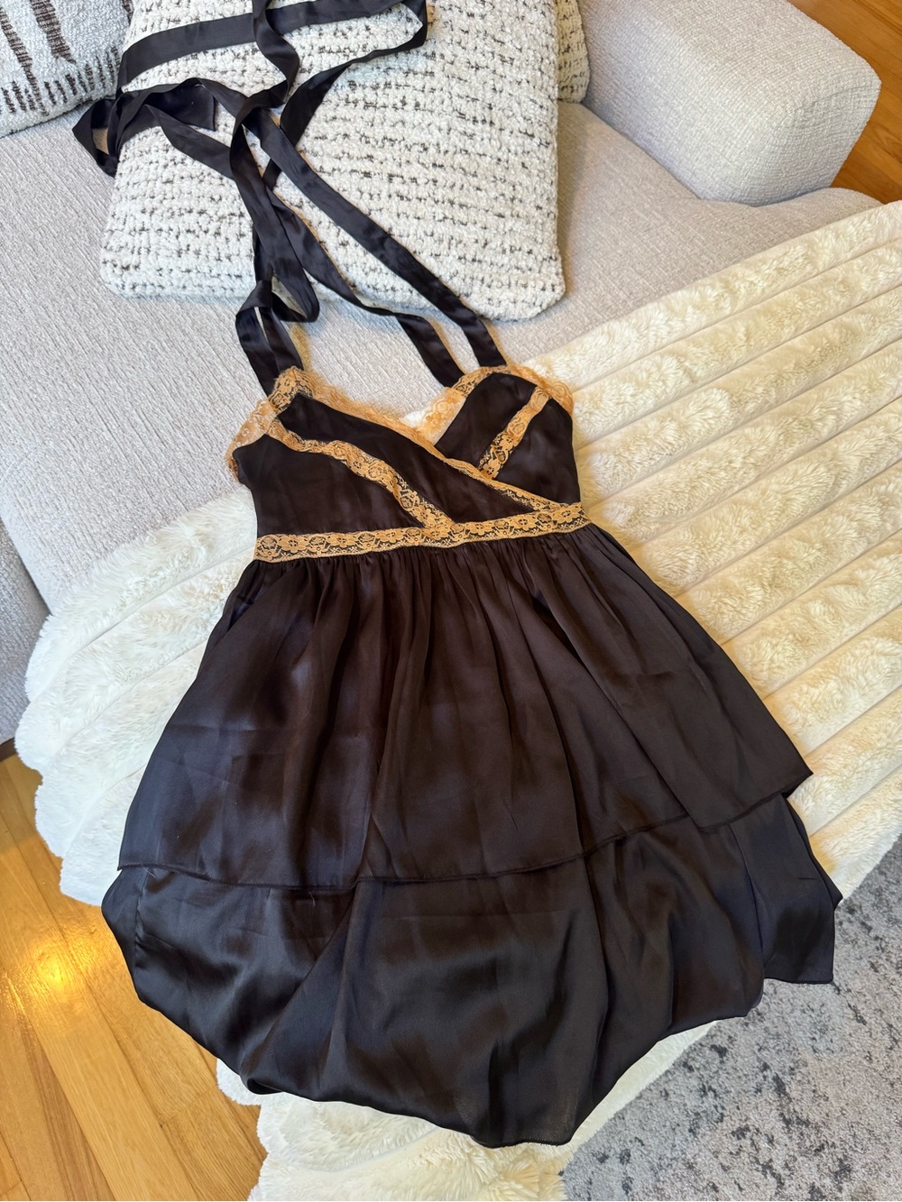 Nasty gal black satin lace trim tie strap mini dress - Picture 3 of 7